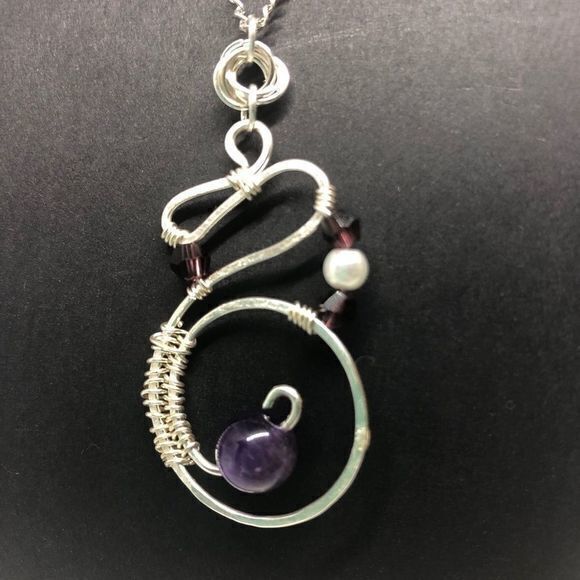 Hand Crafted Jewelry - Silver Aluminum Hammered Finish Swirl Pendant with Amethyst, Pearl and Crystal (